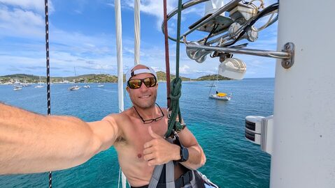 Josh aloft in the bosun chair