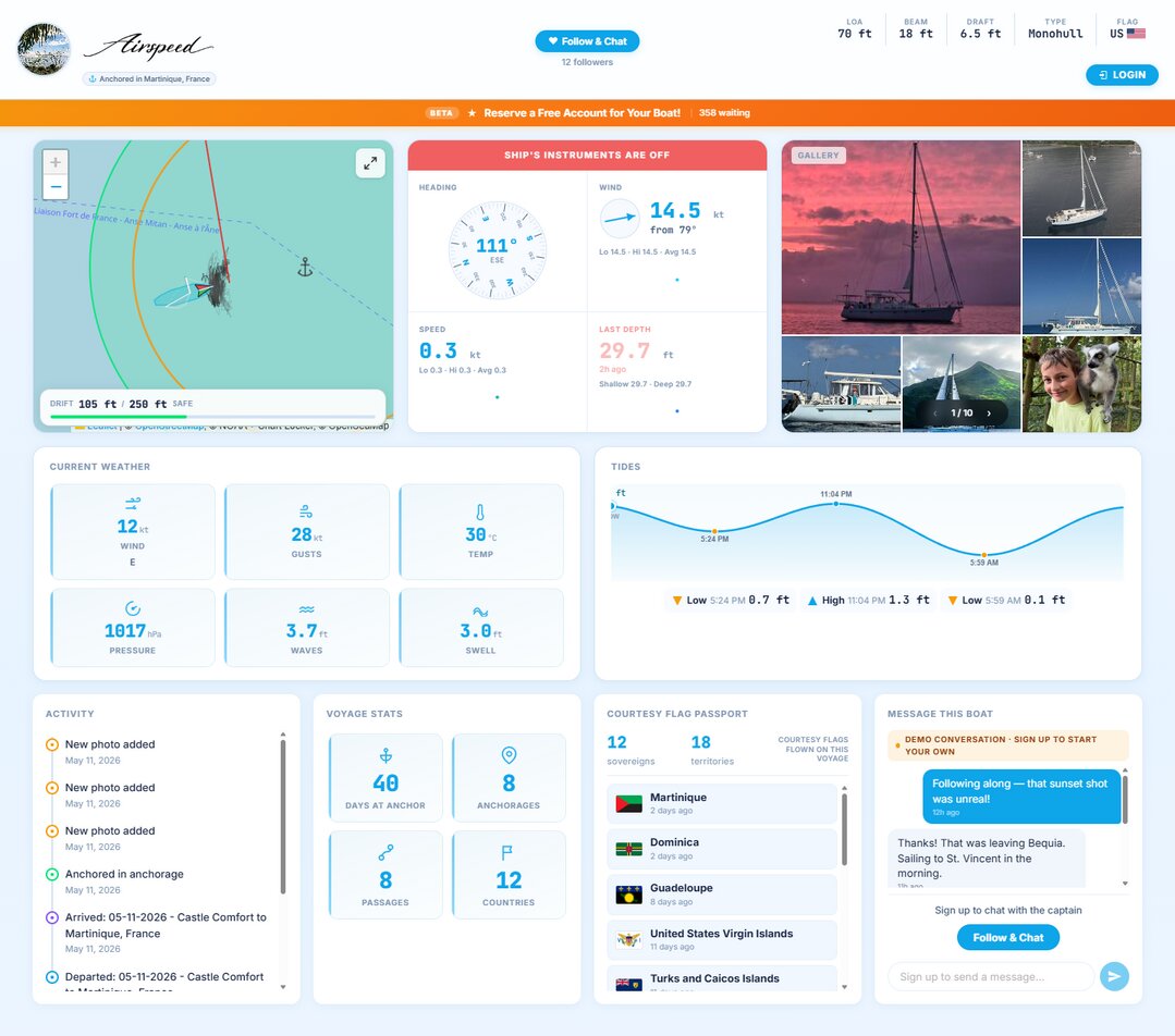 Master's Mate public boat card — what your followers see when they follow you