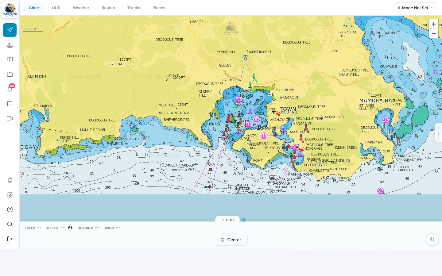 Master's Mate chartplotter — live boat tracking on nautical charts